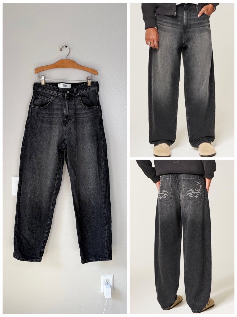 Hollister Men's Gray Washed Black Graphic Skater Baggy Jeans W28 L32